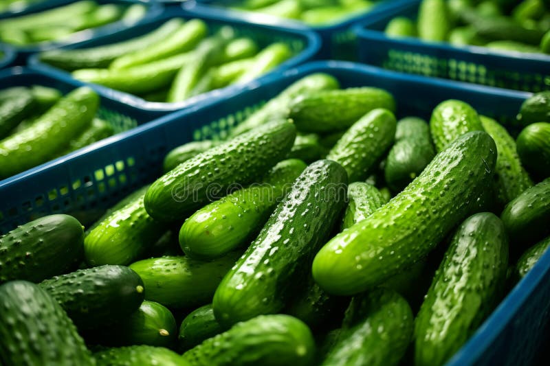 Fresh green cucumbers with water droplets in blue plastic baskets, showcased in a market setting with a focus on healthy, organic produce. High quality photo. AI generated. Fresh green cucumbers with water droplets in blue plastic baskets, showcased in a market setting with a focus on healthy, organic produce. High quality photo. AI generated