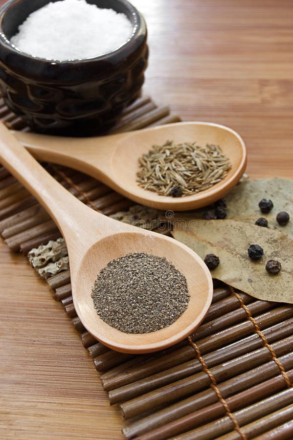 Pepper, Cumin, Salt and Bay Leaf Stock Photo Image of seasoning