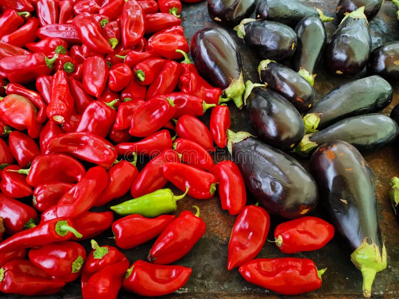 Pepper kapia and and eggplant on the hot plate