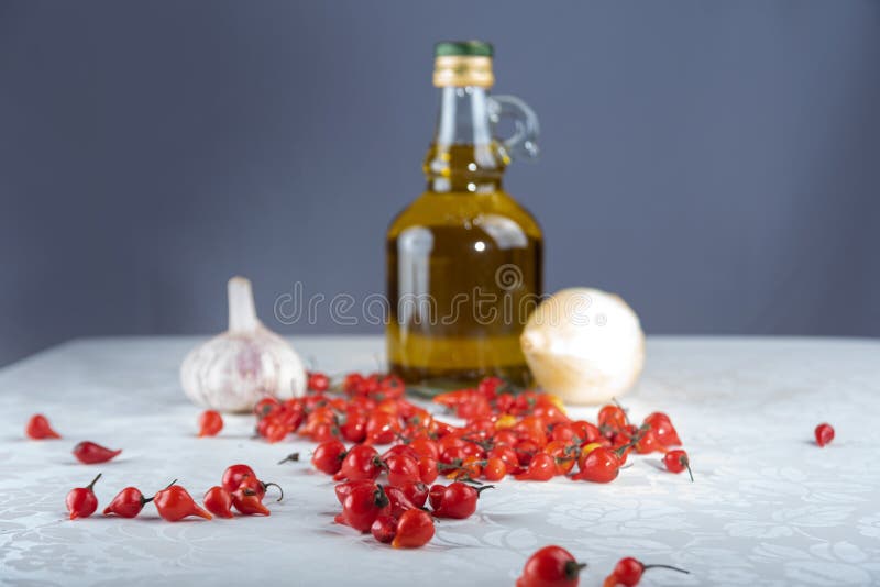 Pepper, Olive Oil, Garlic and Onion, Composition with Spices. Selective Focus Stock Image