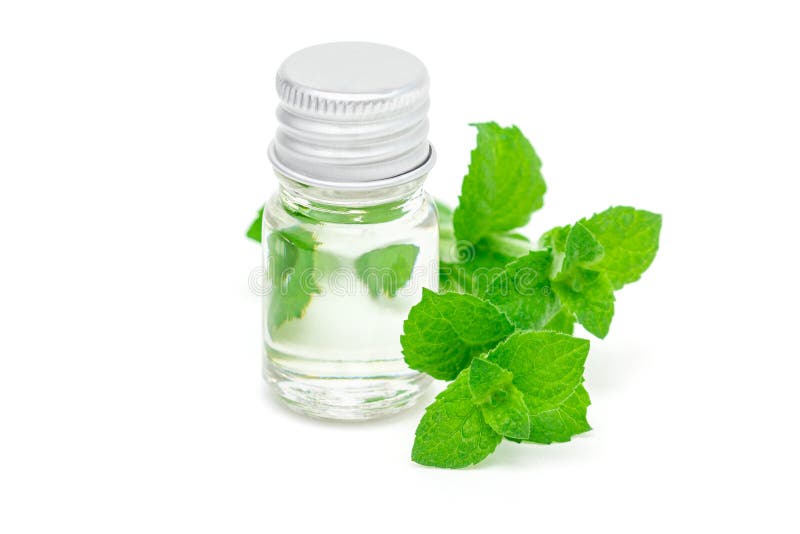 Peppermint Essential Oil in Glass and Fresh Mint on Background