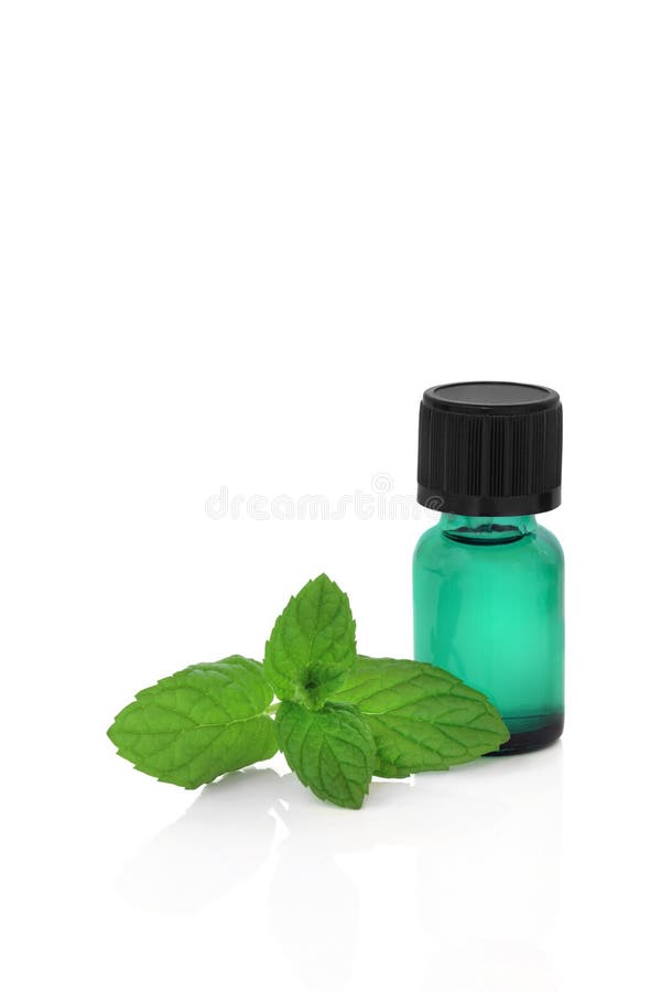 Peppermint herb leaf sprig with a green aromatherapy essence bottle, over white background. Green herbal drug medicine stock images, royalty-free photos and pictures