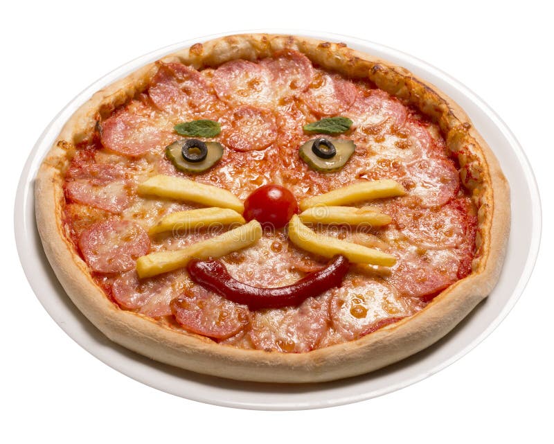 Pepperoni children`s pizza will see a smiley face Isolated image on white background