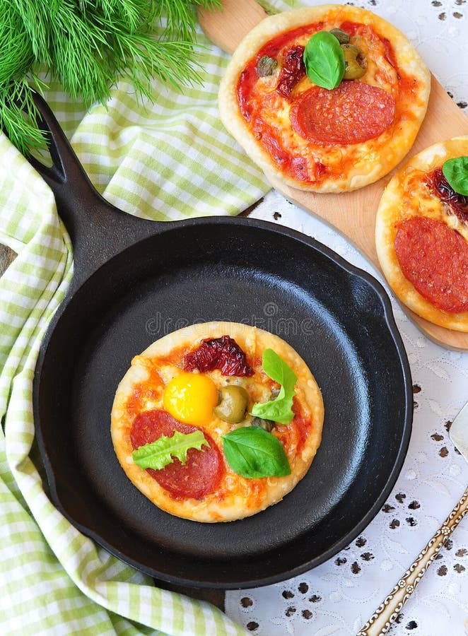 Pepperoni Mini Pizza and Egg for Breakfast Stock Photo Image of
