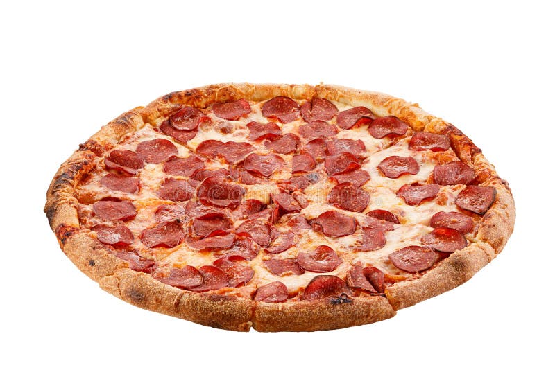 Pepperoni pizza arrangement isolated on white background stock image