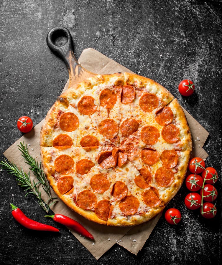 Pepperoni Pizza with Chili, Tomatoes and Rosemary Stock Image Image