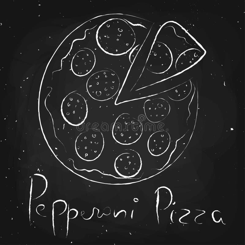 Pepperoni Pizza, Drawn in Chalk on a Blackboard Stock Vector