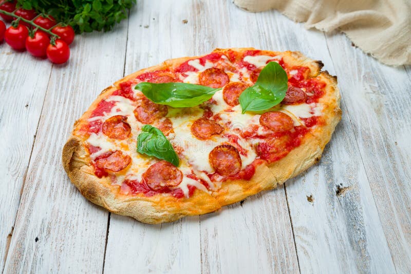 Pepperoni Roman Pizza Closeup. Pepperoni Pizza on Dark Concrete Table Stock Image Image of