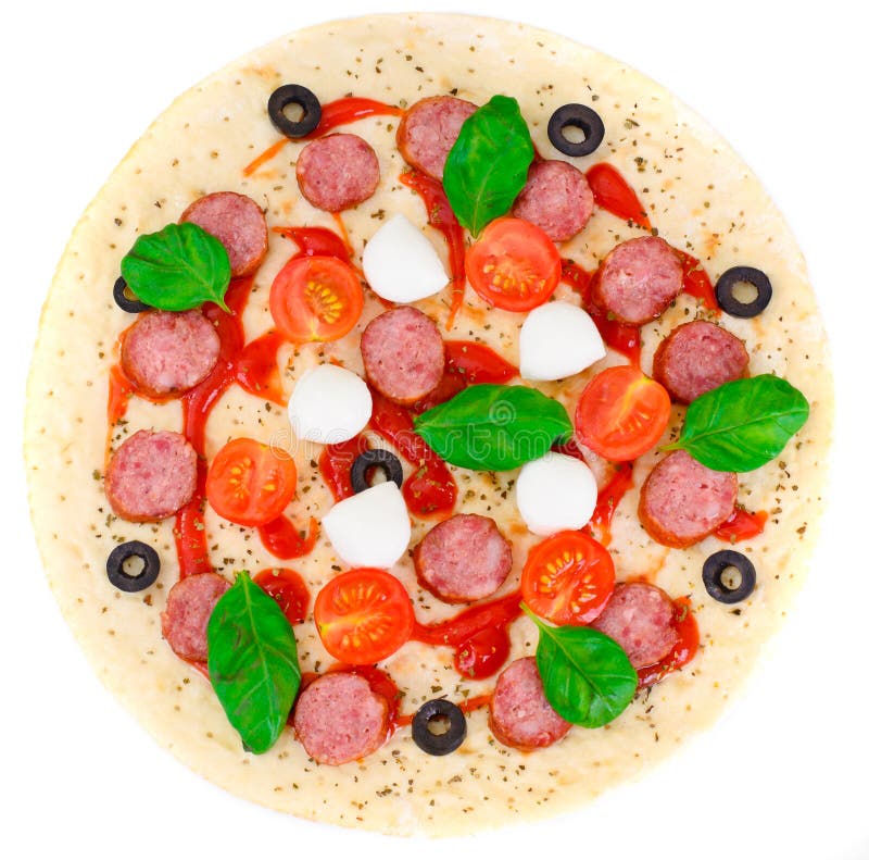 Pepperoni Pizza with Sausage, Cheese, Mozzarella, Olives and Basil