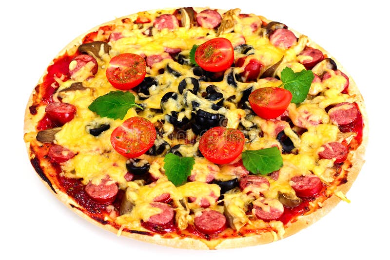 Pepperoni Pizza with Sausage, Cheese, Mozzarella, Olives and Bas Stock