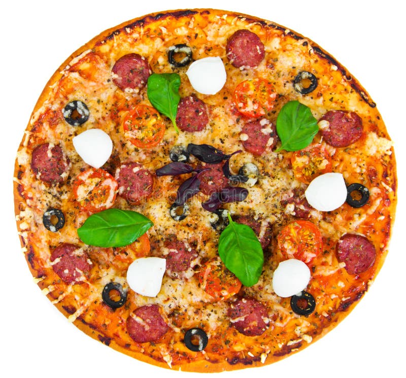 Pepperoni Pizza with Sausage, Cheese, Mozzarella, Olives and Bas Stock