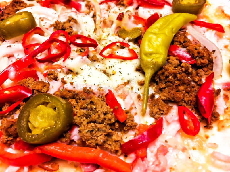 Pepperoni Pizza with Sausage, Cheese, Mozzarella, Olives and Bas Stock