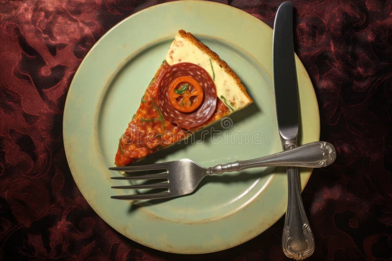 Pepperoni Pizza Slice on a Plate with a Fork and Knife Stock Photo