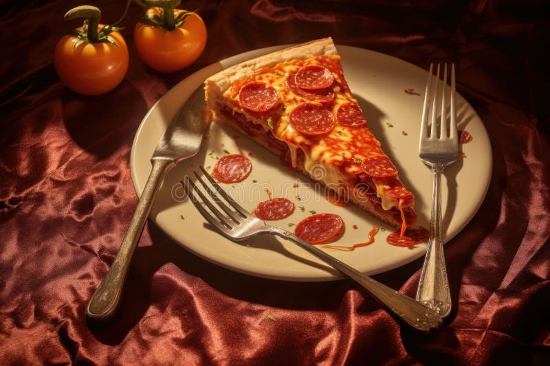A Pepperoni Pizza Slice on a Plate with a Fork and Knife Stock Photo