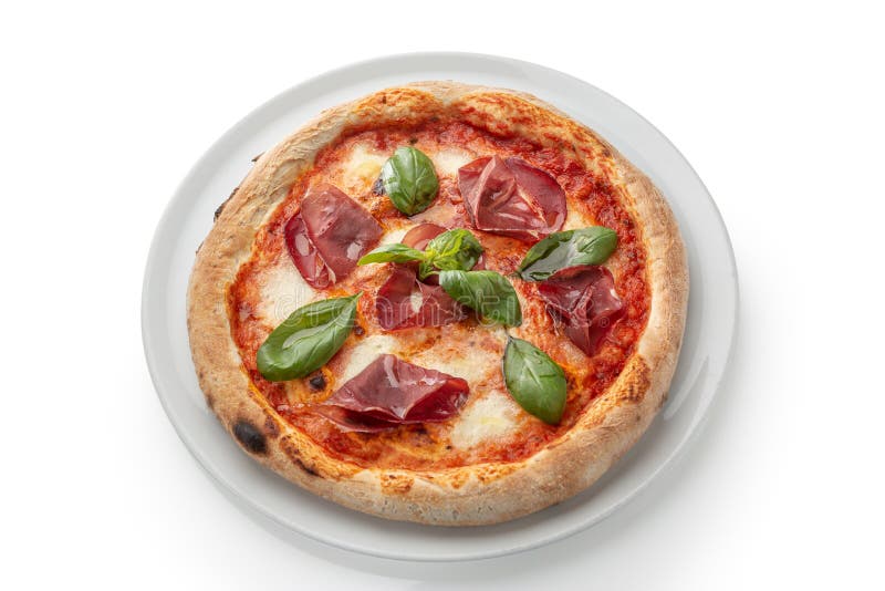 Pepperoni pizza with spinach and bacon on a white plate. royalty free stock image Pepperoni pizza with spinach and bacon on a white plate. royalty free stock image