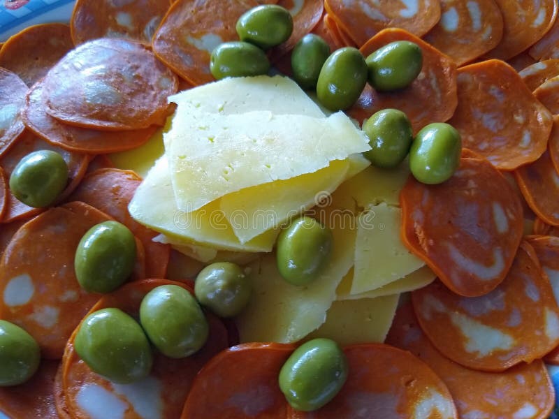 Pepperoni, Sliced Cheese and Olive Plate Stock Image Image of