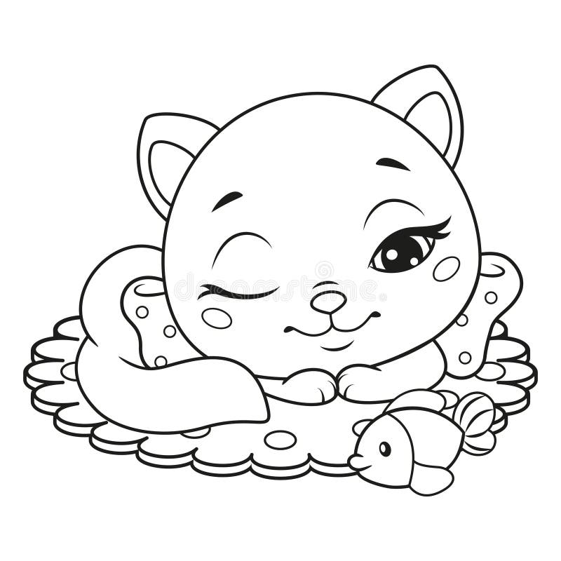 Pequeño Gato Durmiendo Con Juguete Peces Página Para Colorear Para Niños  Ilustración del Vector - Ilustración de gatito, libro: 215826994