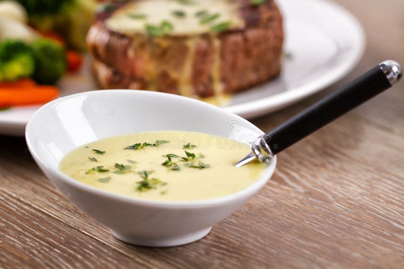 Little Bowl of Bearnaise Sauce. High quality photo. Little Bowl of Bearnaise Sauce. High quality photo