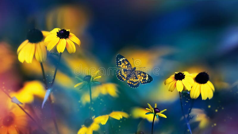 Pequenas flores amarelas brilhantes de verão e belas borboletas num fundo de folhagem azul, rosa e verde num jardim de fadas fotos de stock Pequenas flores amarelas brilhantes de verão e belas borboletas num fundo de folhagem azul, rosa e verde num jardim de fadas fotos de stock