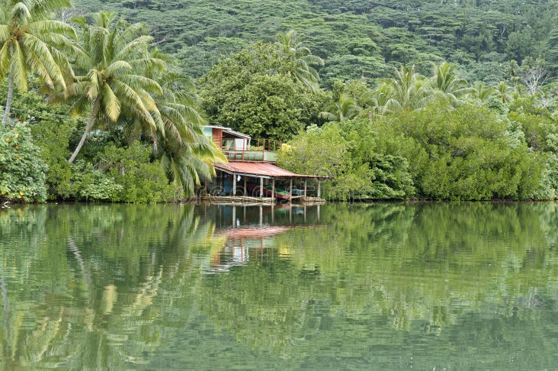 Pequeña casa en el borde del agua en el bosque tropical fotografía de archivo libre de regalías Pequeña casa en el borde del agua en el bosque tropical fotografía de archivo libre de regalías