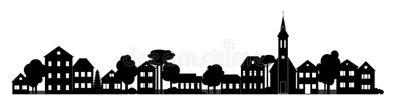 Pequeña ciudad silueta skyline horizontal banner blanco y negro vector