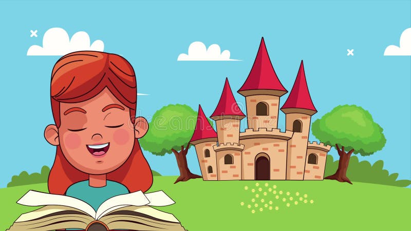 Pequeña estudiante leyendo libro en el campamento con personaje animado del castillo stock de ilustración