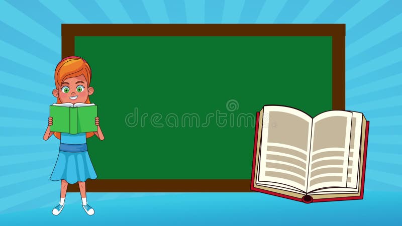 Pequeña estudiante leyendo libro y personaje animado de pizarra ilustración del vector