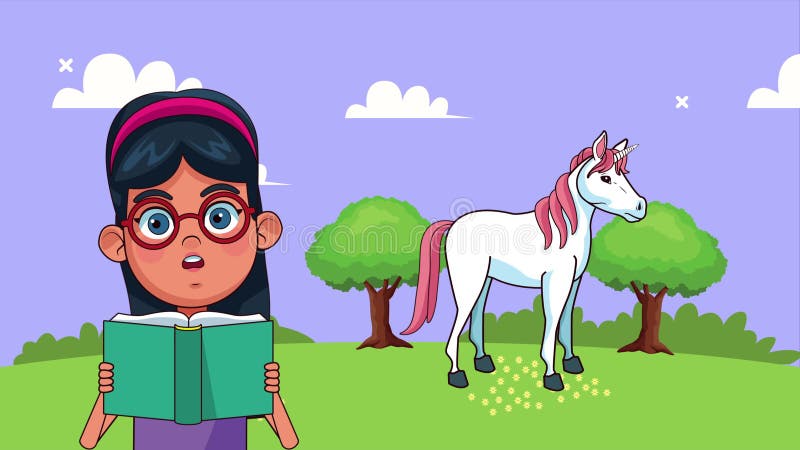 Pequeña estudiante leyendo un libro en el campamento con un personaje animado de unicornio stock de ilustración
