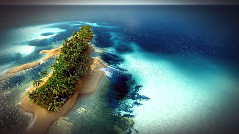 Pequeña isla tropical en el atolón de Maldivas de la representación de la visión aérea 3d foto de archivo Pequeña isla tropical en el atolón de Maldivas de la representación de la visión aérea 3d foto de archivo