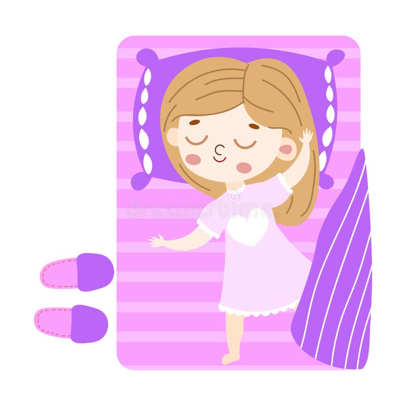Pequeña jovencita de cabello claro adorable durmiendo en la cama morada vista Ilustración vectorial al estilo de las caricaturas stock de ilustración
