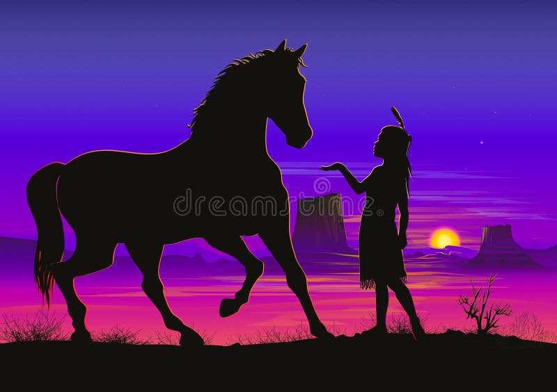 Pequeña muchacha india con el caballo libre illustration Pequeña muchacha india con el caballo libre illustration