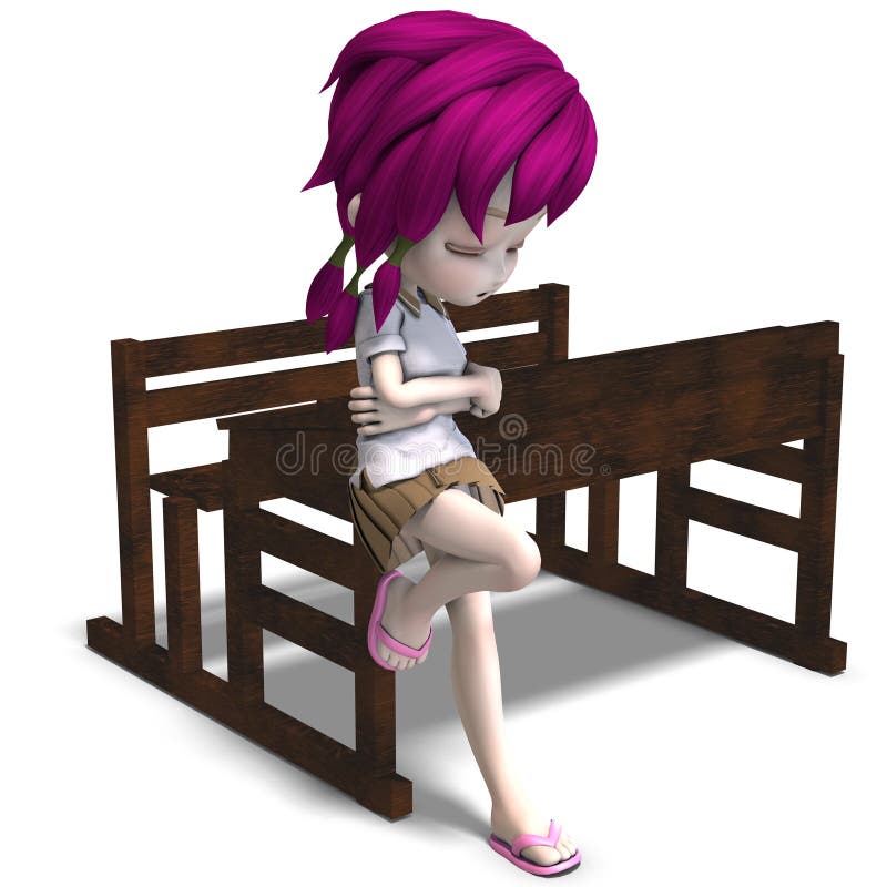 Cute little cartoon school girl leaning on a school form. 3D rendering with clipping path and shadow over white. Cute little cartoon school girl leaning on a school form. 3D rendering with clipping path and shadow over white