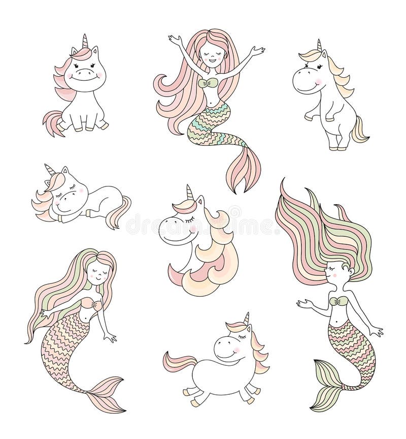 Pequeñas sirenas lindas y sistema mágico del vector de los unicornios ilustración del vector
