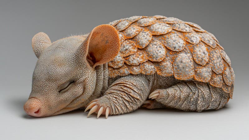 Pequeño armadillo de bebé descansa sobre fondo blanco. Su suave cáscara rosada sigue desarrollándose y su delicado foto de archivo libre de regalías