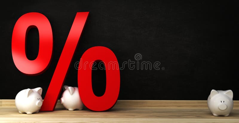 Pequeño banco de cerdo con porcentaje de robles como descuento conzamiento 3d renderización stock de ilustración