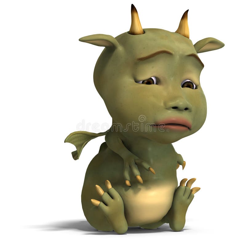 3D rendering of a little green cute toon dragon devil with clipping path and shadow over white. 3D rendering of a little green cute toon dragon devil with clipping path and shadow over white
