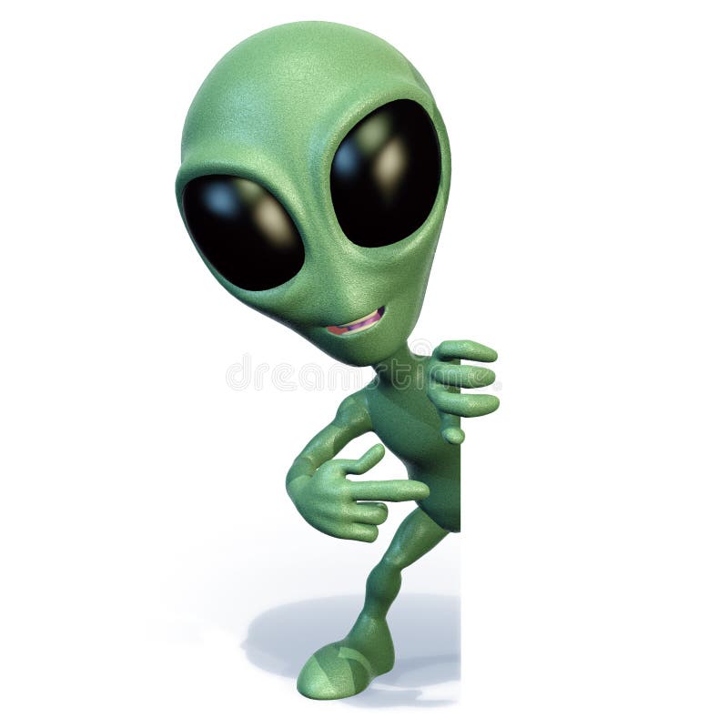 3d rendering of a little green cartoon alien standing behind a sign and pointing. 3d rendering of a little green cartoon alien standing behind a sign and pointing