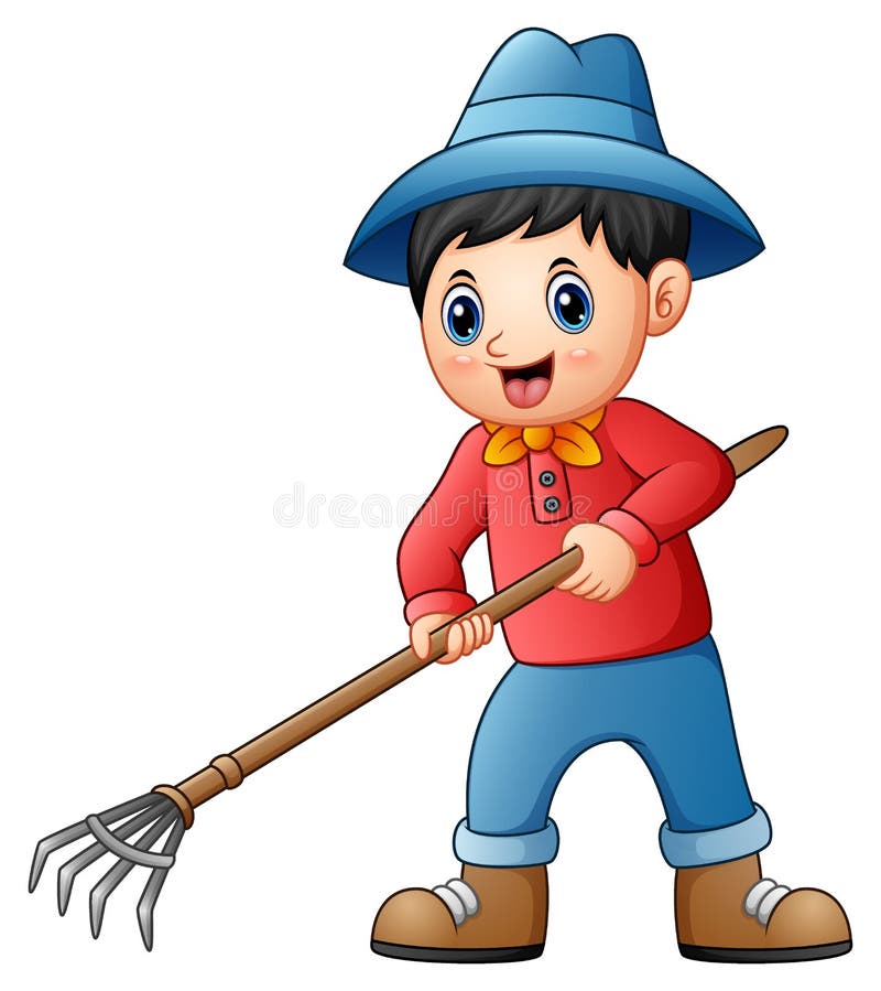 Pequeño granjero de la historieta que sostiene un bieldo ilustración del vector Pequeño granjero de la historieta que sostiene un bieldo ilustración del vector