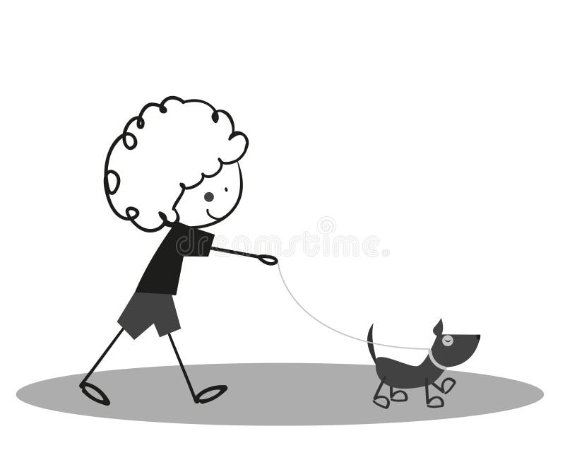Pequeño muchacho lindo del garabato que camina con el perro stock de ilustración Pequeño muchacho lindo del garabato que camina con el perro stock de ilustración
