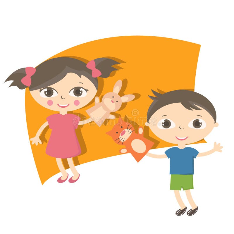 Pequeños niños del ejemplo con el juguete de la marioneta de mano ilustración del vector Pequeños niños del ejemplo con el juguete de la marioneta de mano ilustración del vector