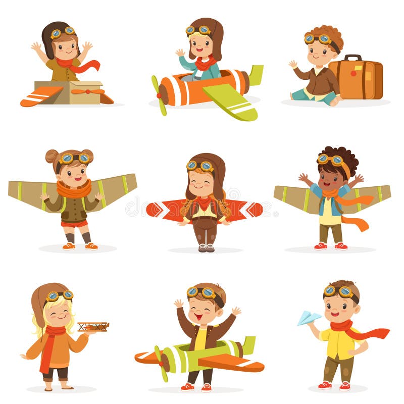 Pequeños niños en el piloto Costumes Dreaming Of que pilota el avión, jugando con los personajes de dibujos animados adorables de stock de ilustración Pequeños niños en el piloto Costumes Dreaming Of que pilota el avión, jugando con los personajes de dibujos animados adorables de stock de ilustración