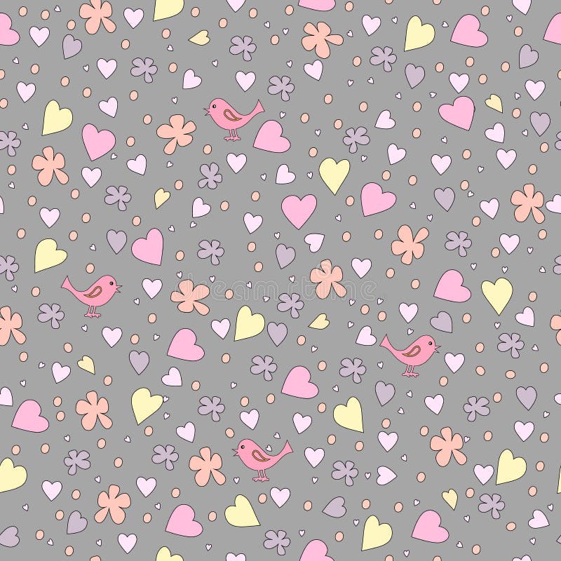 Pequeños pájaros entre las flores y los corazones stock de ilustración Pequeños pájaros entre las flores y los corazones stock de ilustración