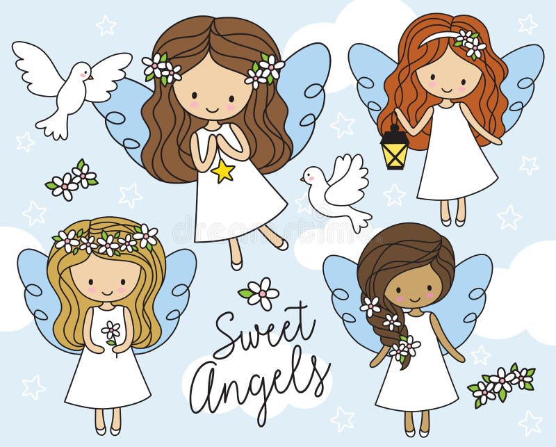 Pequeños ángeles en el ejemplo blanco del vector del vestido ilustración del vector Pequeños ángeles en el ejemplo blanco del vector del vestido ilustración del vector