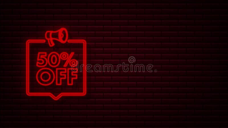 50 percent OFF Sale Discount Banner with megaphone. Discount offer price tag. 50 percent discount promotion Neon icon royalty free illustration