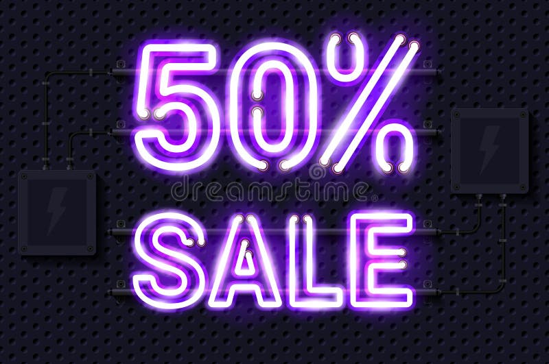 50 percent SALE glowing purple neon lamp sign on a black electric wall