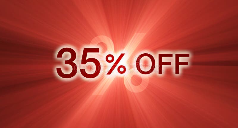 A 35% percent off promotional slogan with glowing red light flare background. Other percentages of discount are available. Special orders welcome. Slogan icon illustrations