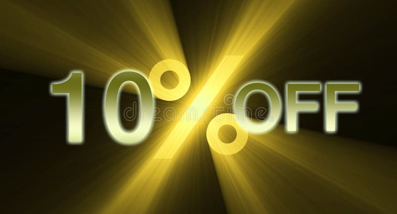 A 10% percent off promotional slogan with unique golden yellow light flare. Slogan icon illustrations
