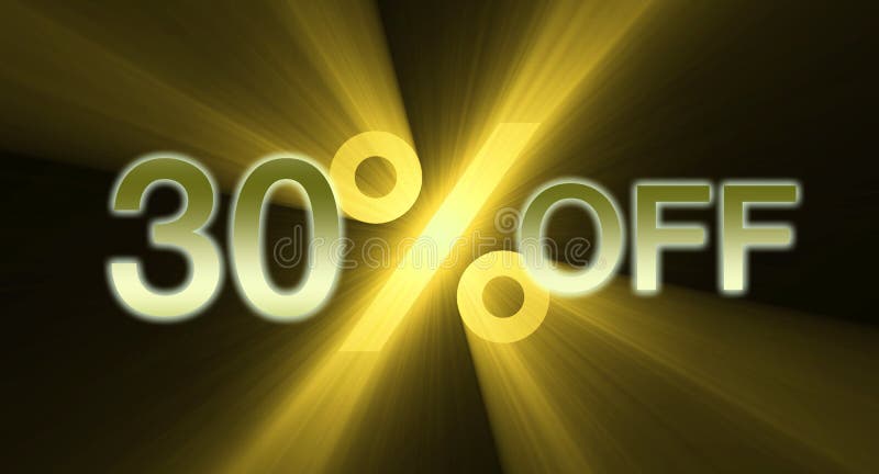 A 30% percent off promotional slogan with unique golden yellow light flare. Slogan icon illustrations