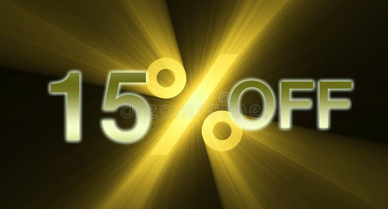 A 15% percent off promotional slogan with unique golden yellow light flare. Slogan icon illustrations