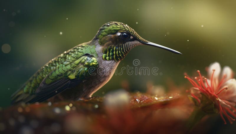 Perching hummingbird on green branch, iridescent feather, selective focus generated by AI vector illustration